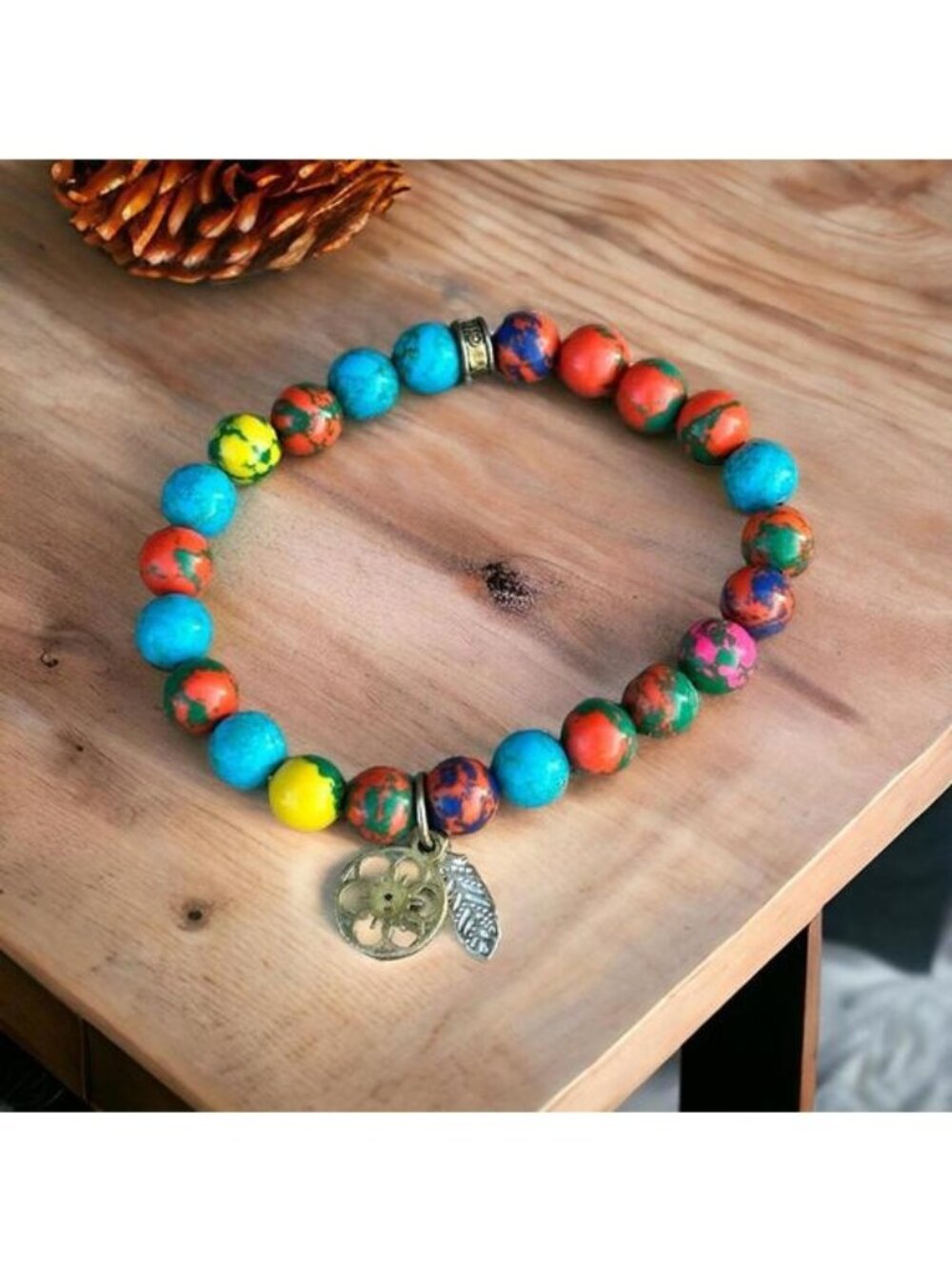 Colorful Beaded Stretch Bracelet with Charm